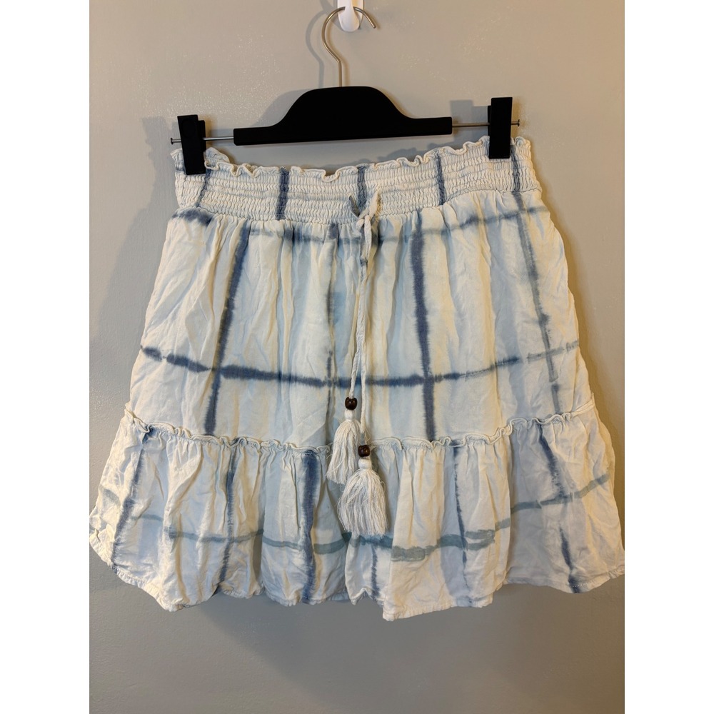Pilcro Blue & White Linen Blend Tiered Mini Skirt M Anthropologie